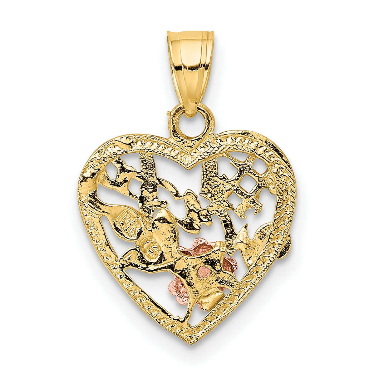 14k Two-Tone Gold Heart Pendant with Script Wife, Rose Flower, Leaf, and #1 Symbol