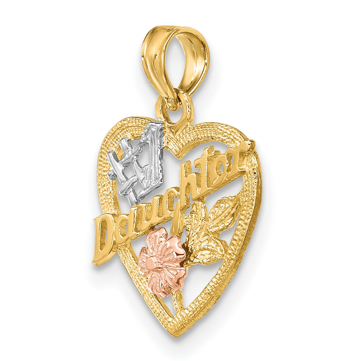 14k Two-Tone Gold Heart Pendant with Rose Gold Flower and White Gold #1 Symbol