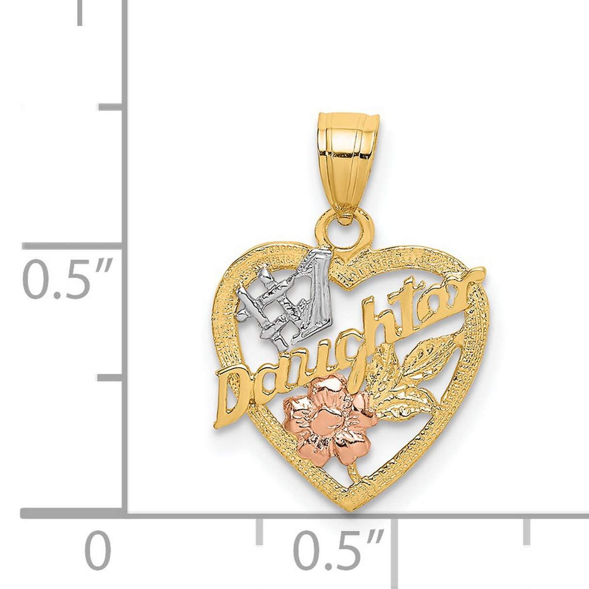 14k Two-Tone Gold Heart Pendant with Rose Gold Flower and White Gold #1 Symbol