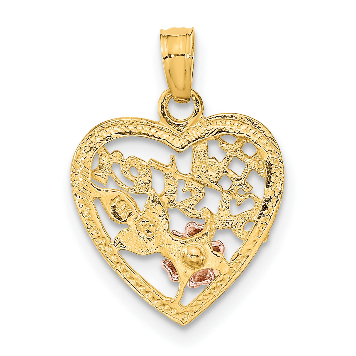 14k Multi-Tone Gold Heart Pendant with Rose Flower and Lattice Design, Sister Charm