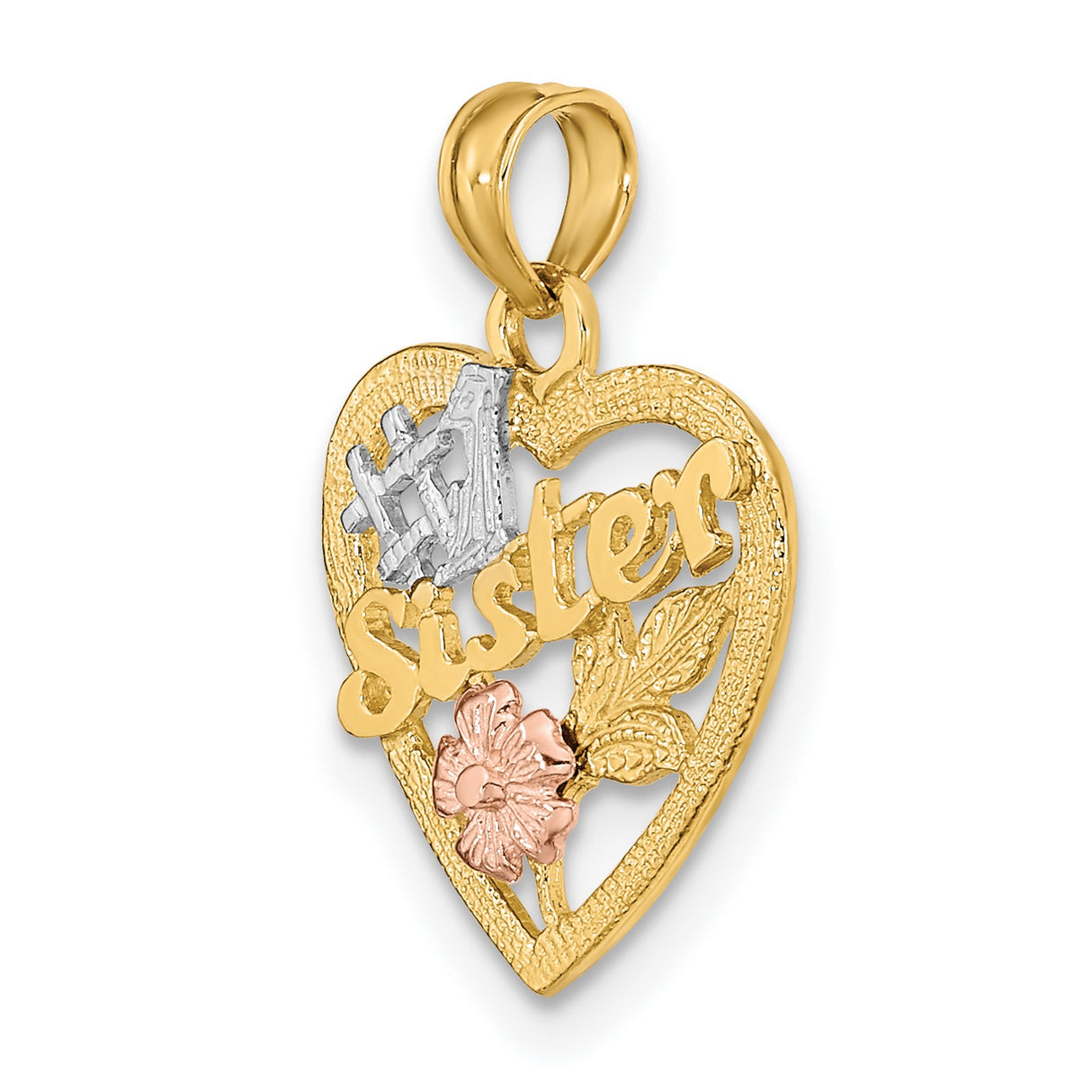 14k Multi-Tone Gold Heart Pendant with Rose Flower and Lattice Design, Sister Charm