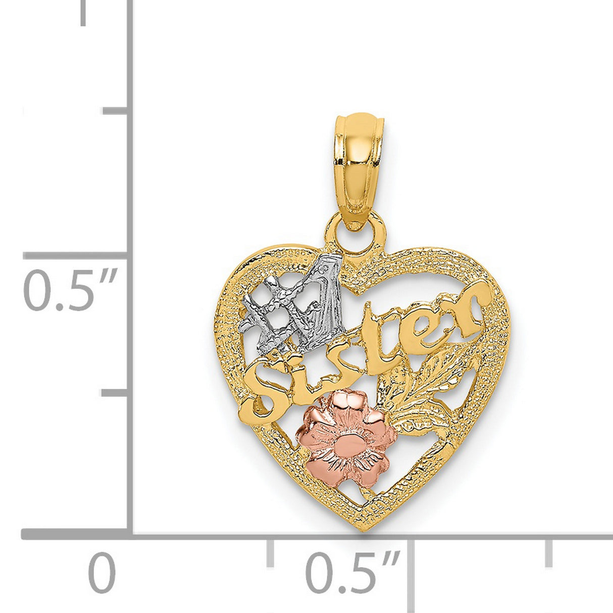 14k Multi-Tone Gold Heart Pendant with Rose Flower and Lattice Design, Sister Charm