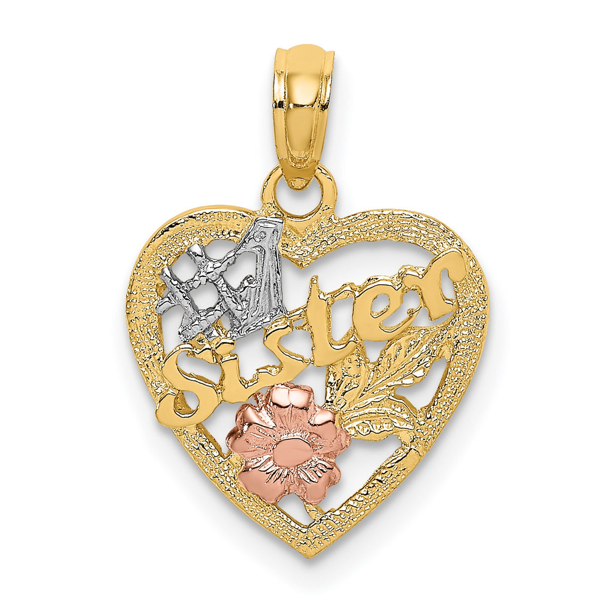14k Multi-Tone Gold Heart Pendant with Rose Flower and Lattice Design, Sister Charm