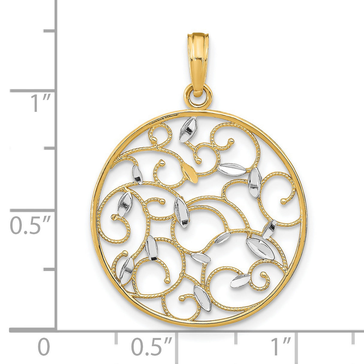 14k Yellow and Rhodium Gold Filigree Pendant with Open Vine and Leaf Design
