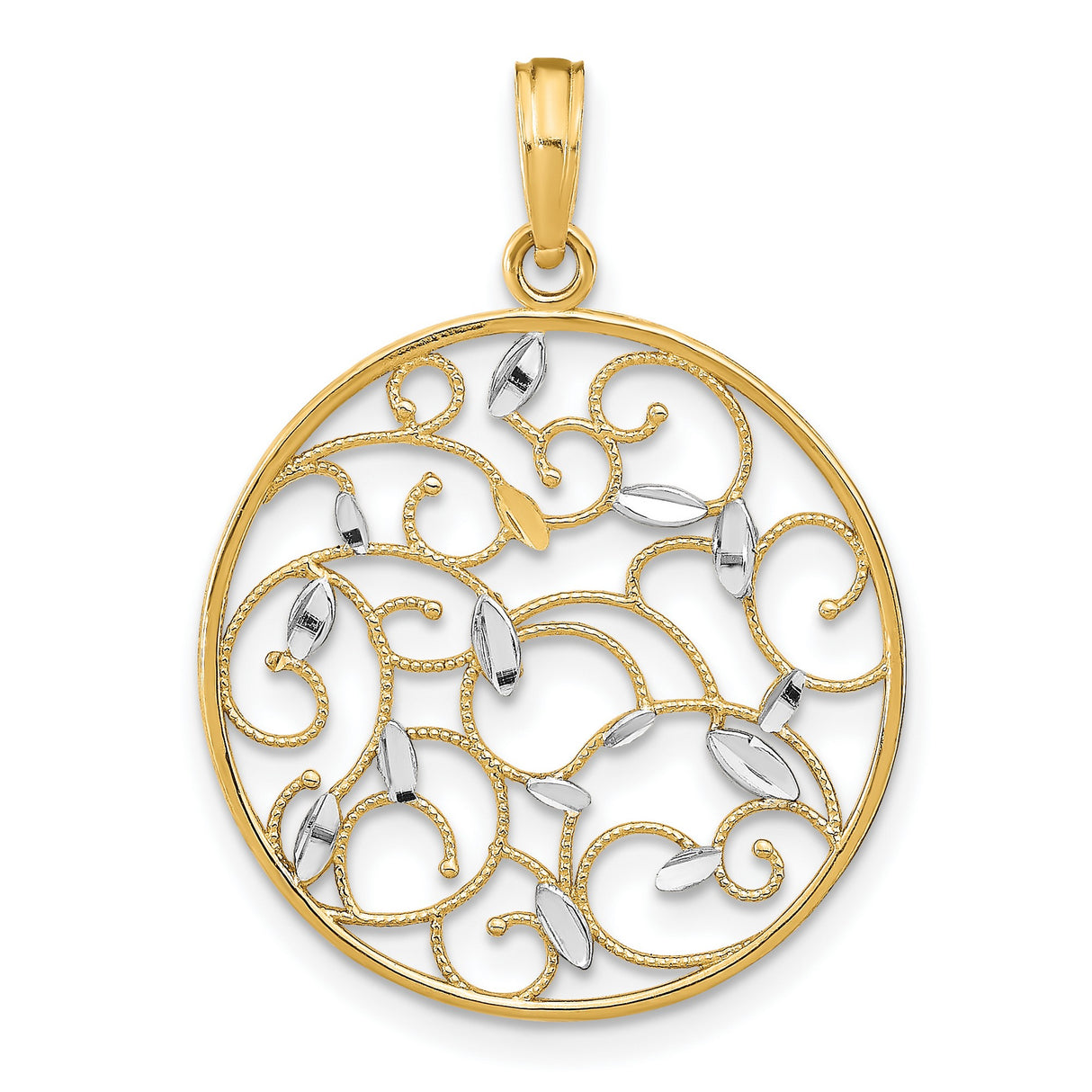 14k Yellow and Rhodium Gold Filigree Pendant with Open Vine and Leaf Design
