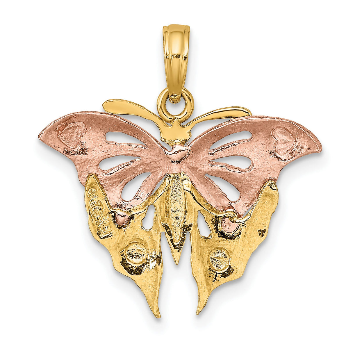 14k Two-Tone Gold Butterfly Pendant with Rose, Yellow and White Gold Accents, Textured Wings