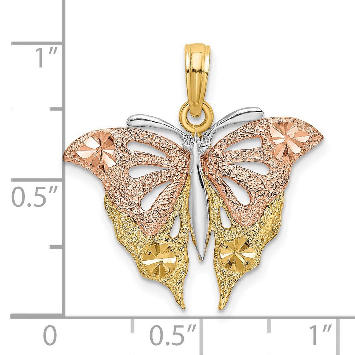 14k Two-Tone Gold Butterfly Pendant with Rose, Yellow and White Gold Accents, Textured Wings