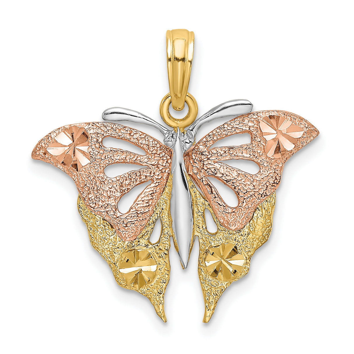 14k Two-Tone Gold Butterfly Pendant with Rose, Yellow and White Gold Accents, Textured Wings