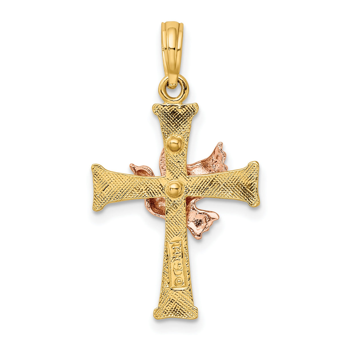 14k Yellow and Rose Gold Cross Pendant with Dove Charm, Textured Christian Design