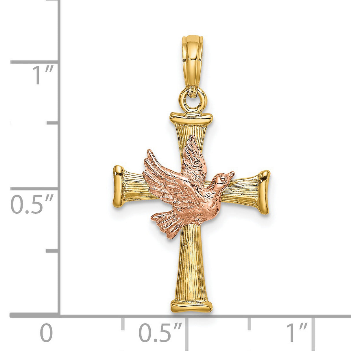 14k Yellow and Rose Gold Cross Pendant with Dove Charm, Textured Christian Design