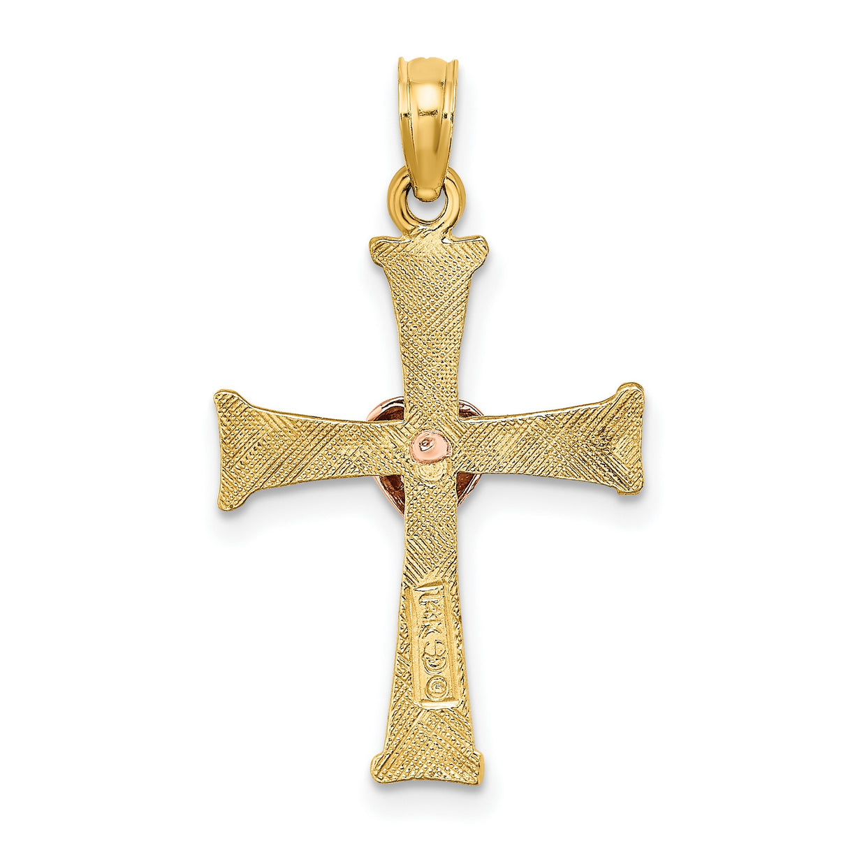 14k Yellow and Rose Gold Cross Pendant with Heart Detail, Textured Finish, Religious Charm