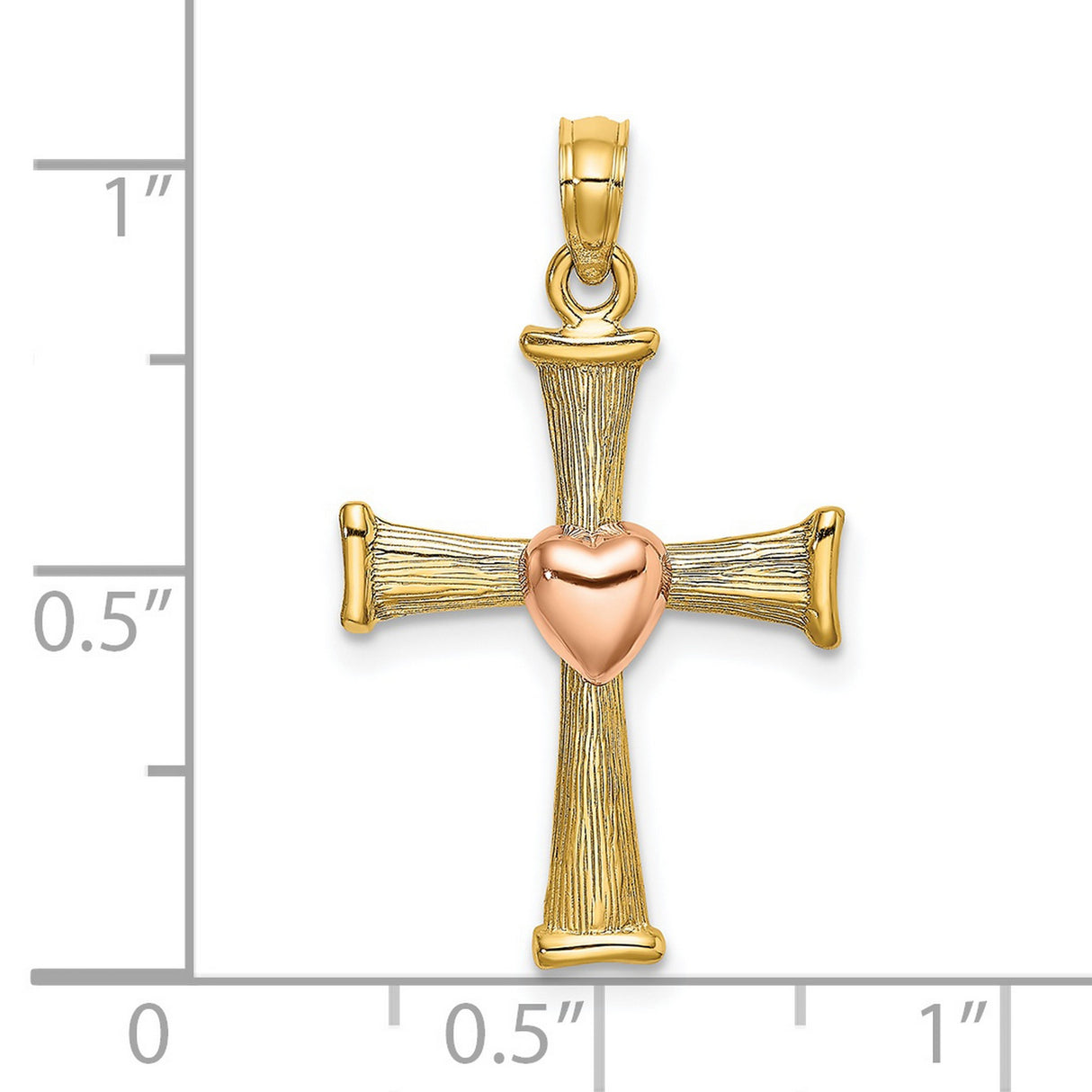 14k Yellow and Rose Gold Cross Pendant with Heart Detail, Textured Finish, Religious Charm