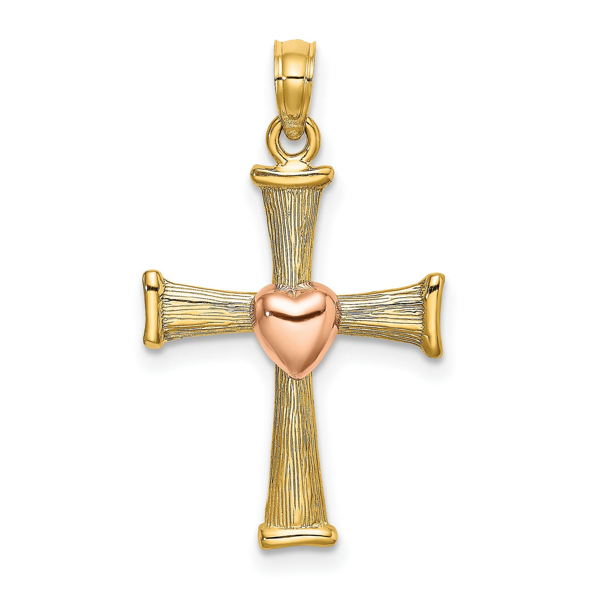14k Yellow and Rose Gold Cross Pendant with Heart Detail, Textured Finish, Religious Charm