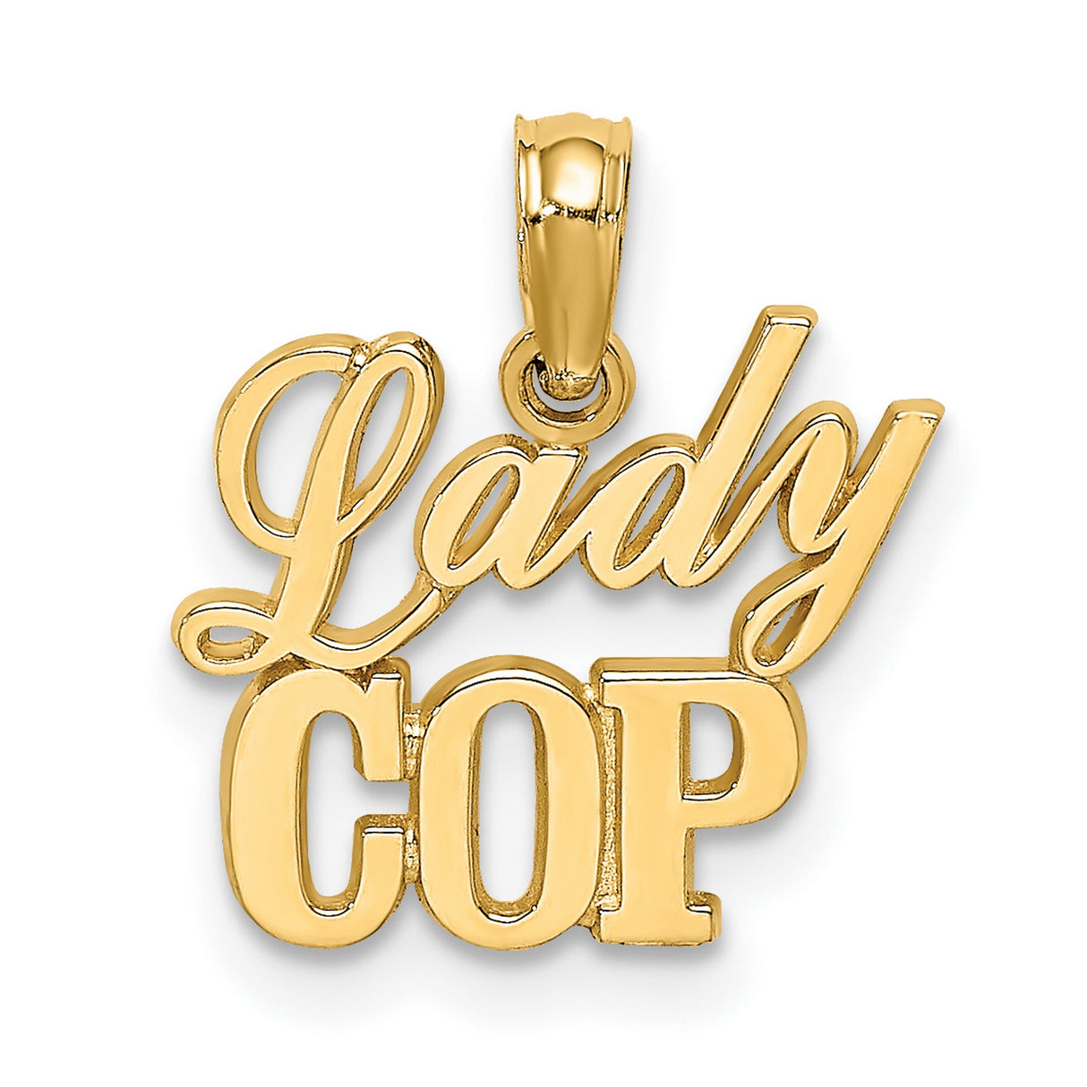 14k Yellow Gold Lady Cop Pendant, Bold Police Charm with Text Design for Women in Law Enforcement