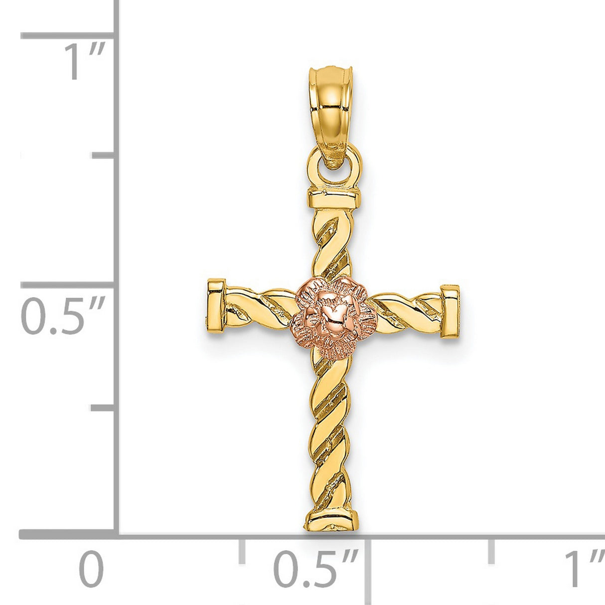 14k Yellow and Rose Gold Cross Pendant with Twisted Rope and Floral Design
