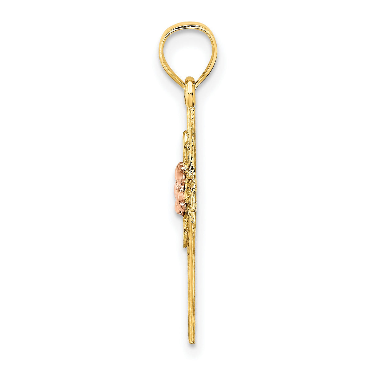 14k Multi-Tone Gold Cross Pendant with Textured Bark Finish, Floral and Leaf Accents