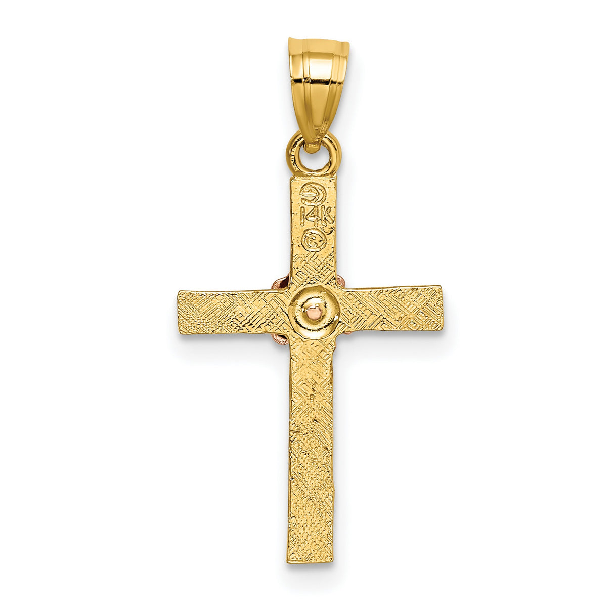 14k Multi-Tone Gold Cross Pendant with Textured Bark Finish, Floral and Leaf Accents