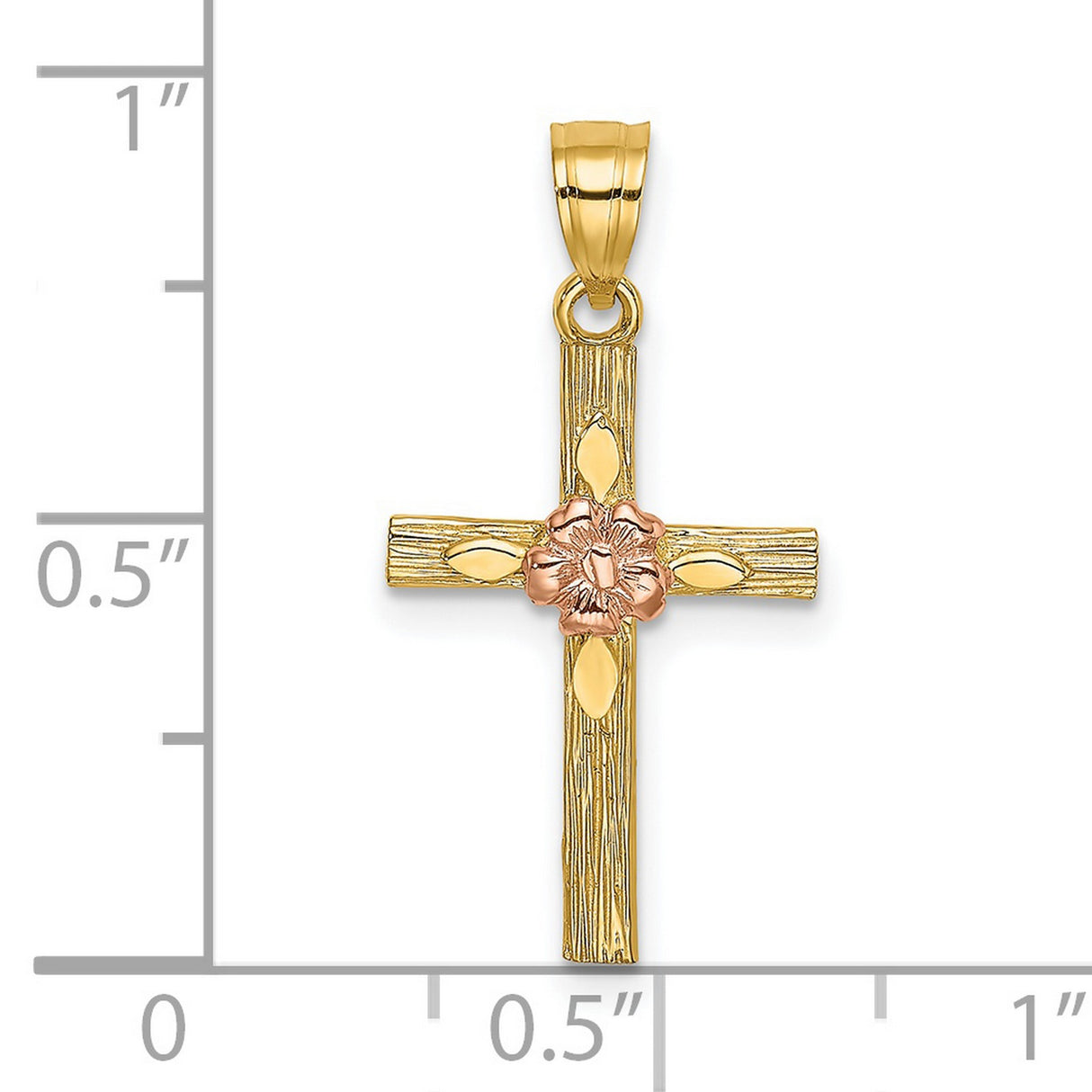14k Multi-Tone Gold Cross Pendant with Textured Bark Finish, Floral and Leaf Accents