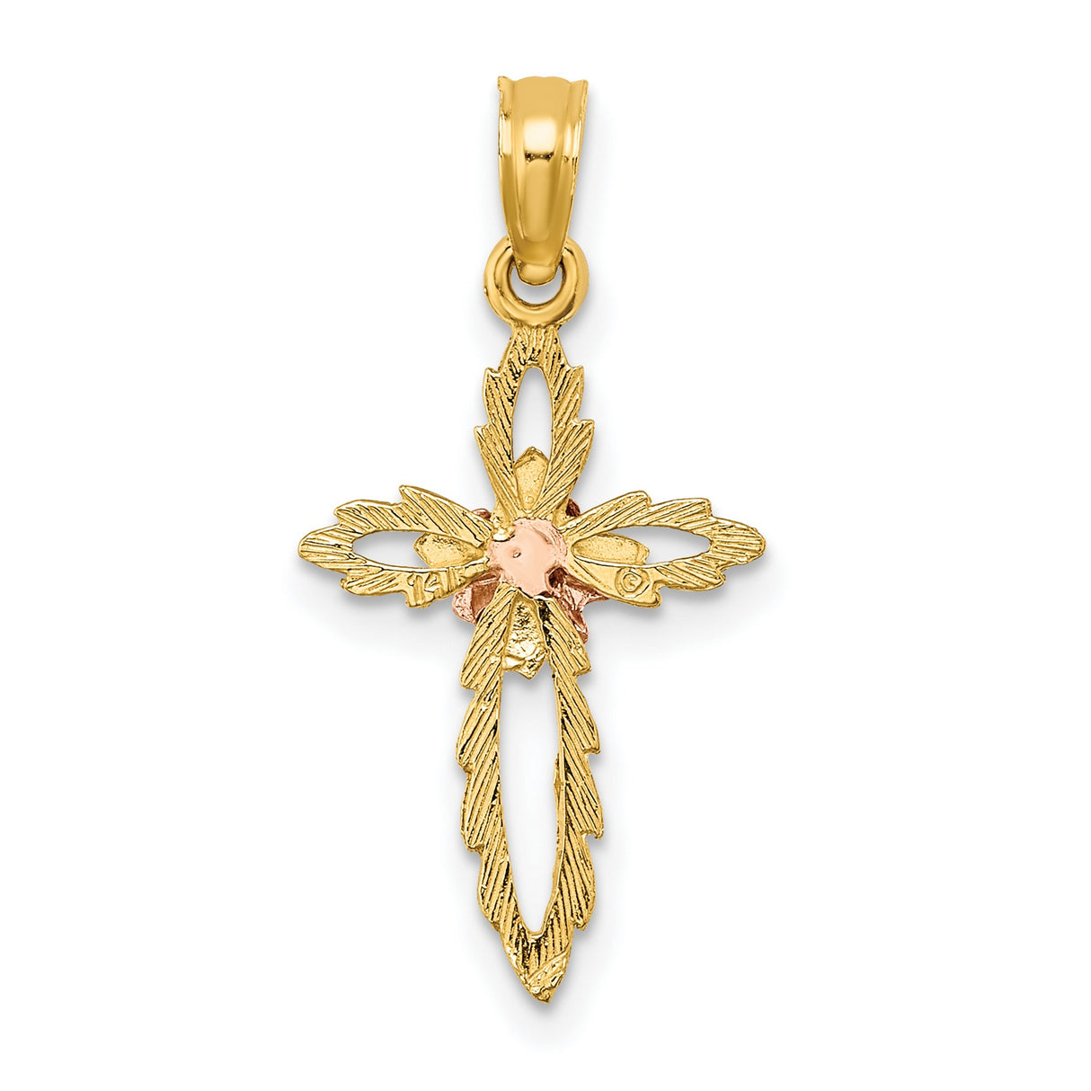 14k Two-Tone Gold Cross Pendant with Floral Charm and Filigree Vintage Scrollwork Design