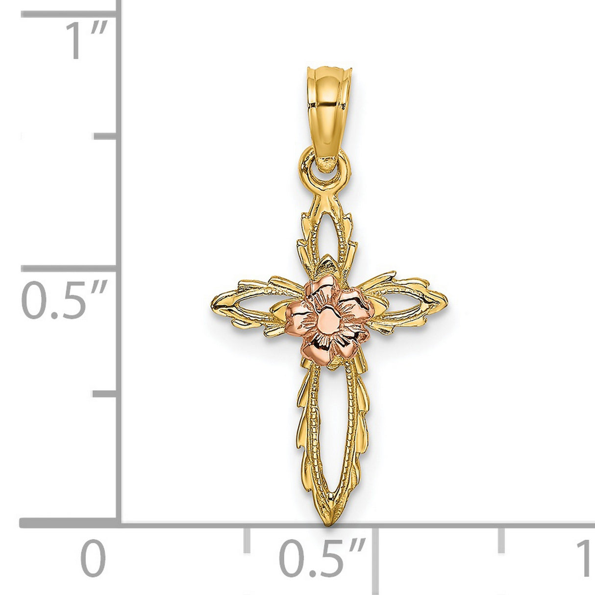 14k Two-Tone Gold Cross Pendant with Floral Charm and Filigree Vintage Scrollwork Design