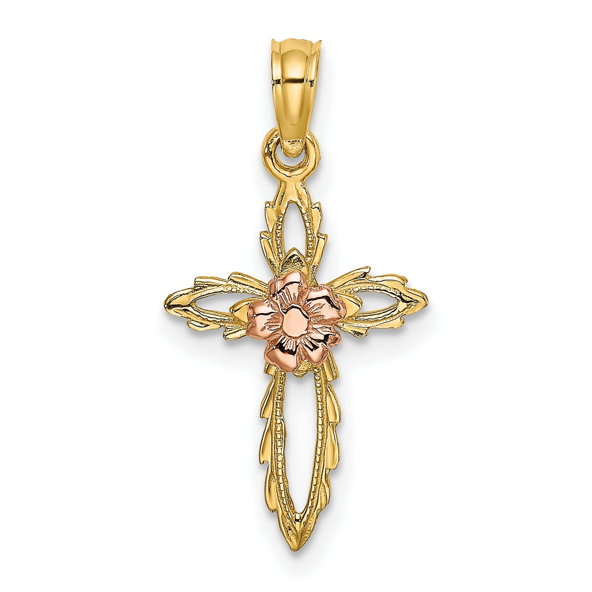 14k Two-Tone Gold Cross Pendant with Floral Charm and Filigree Vintage Scrollwork Design