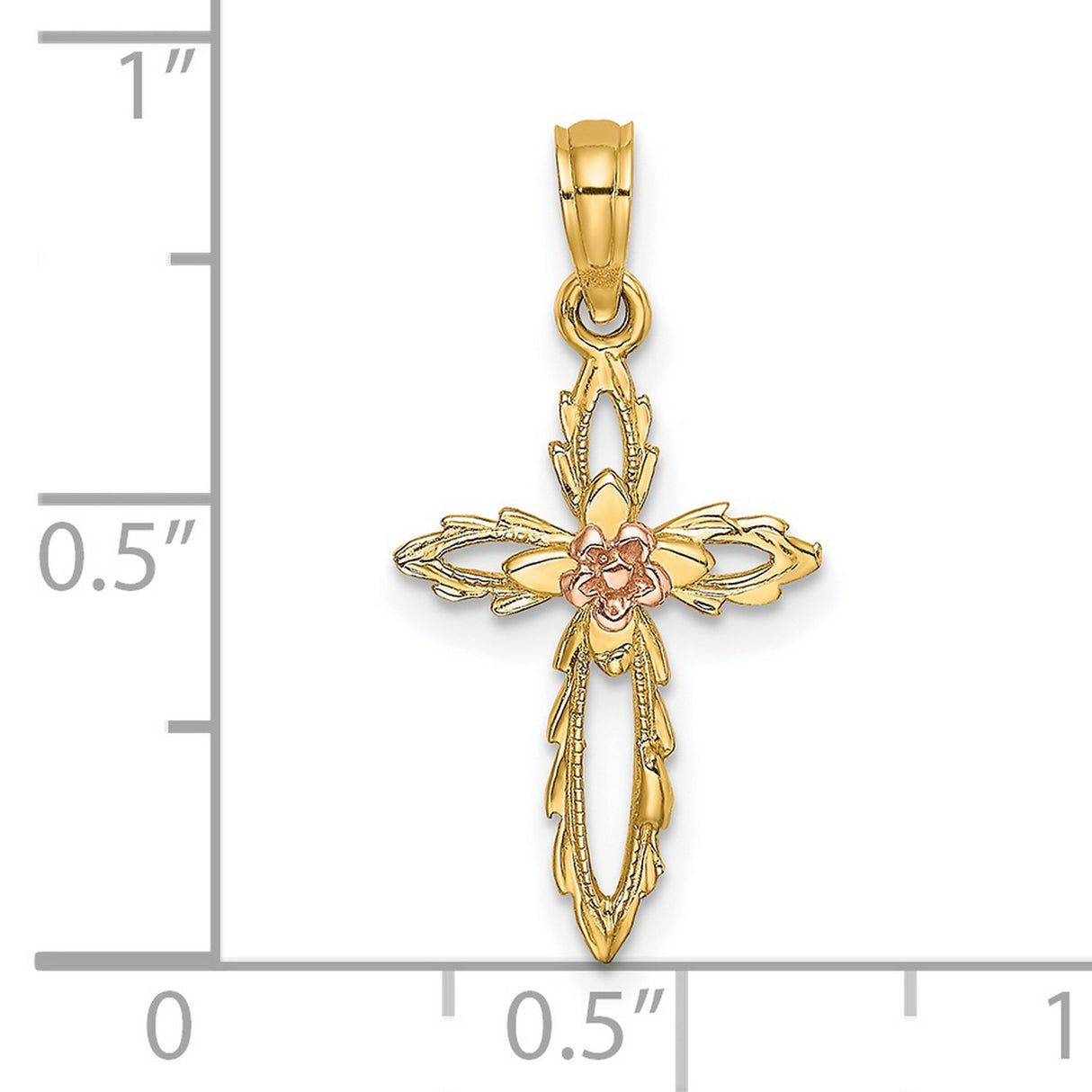 14k Multi-Tone Gold Cross Pendant with Floral Filigree Design, Vintage Religious Charm