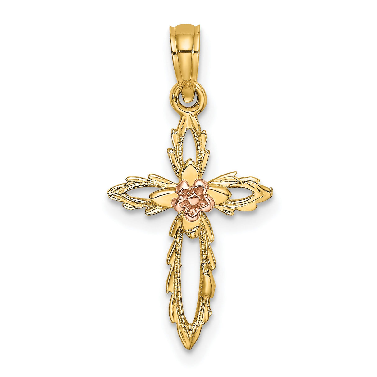 14k Multi-Tone Gold Cross Pendant with Floral Filigree Design, Vintage Religious Charm