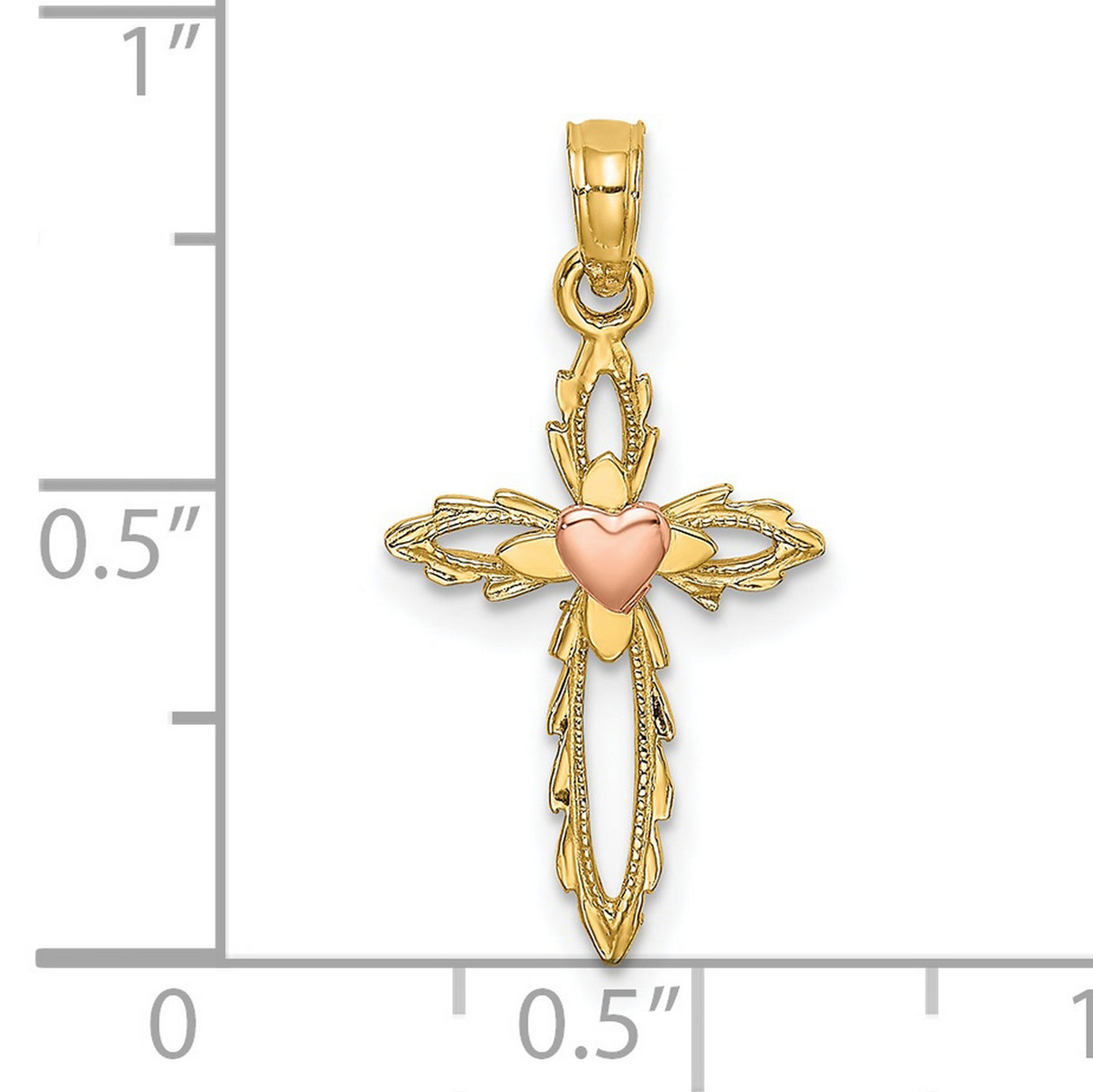 14k Multi-Tone Gold Cross Pendant with Sculpted Heart and Milgrain Edges, Vintage Style