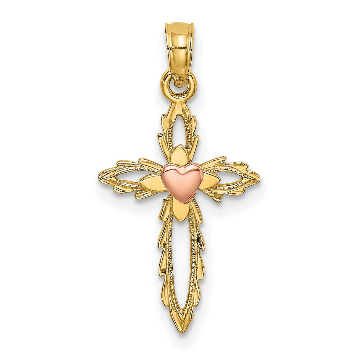 14k Multi-Tone Gold Cross Pendant with Sculpted Heart and Milgrain Edges, Vintage Style
