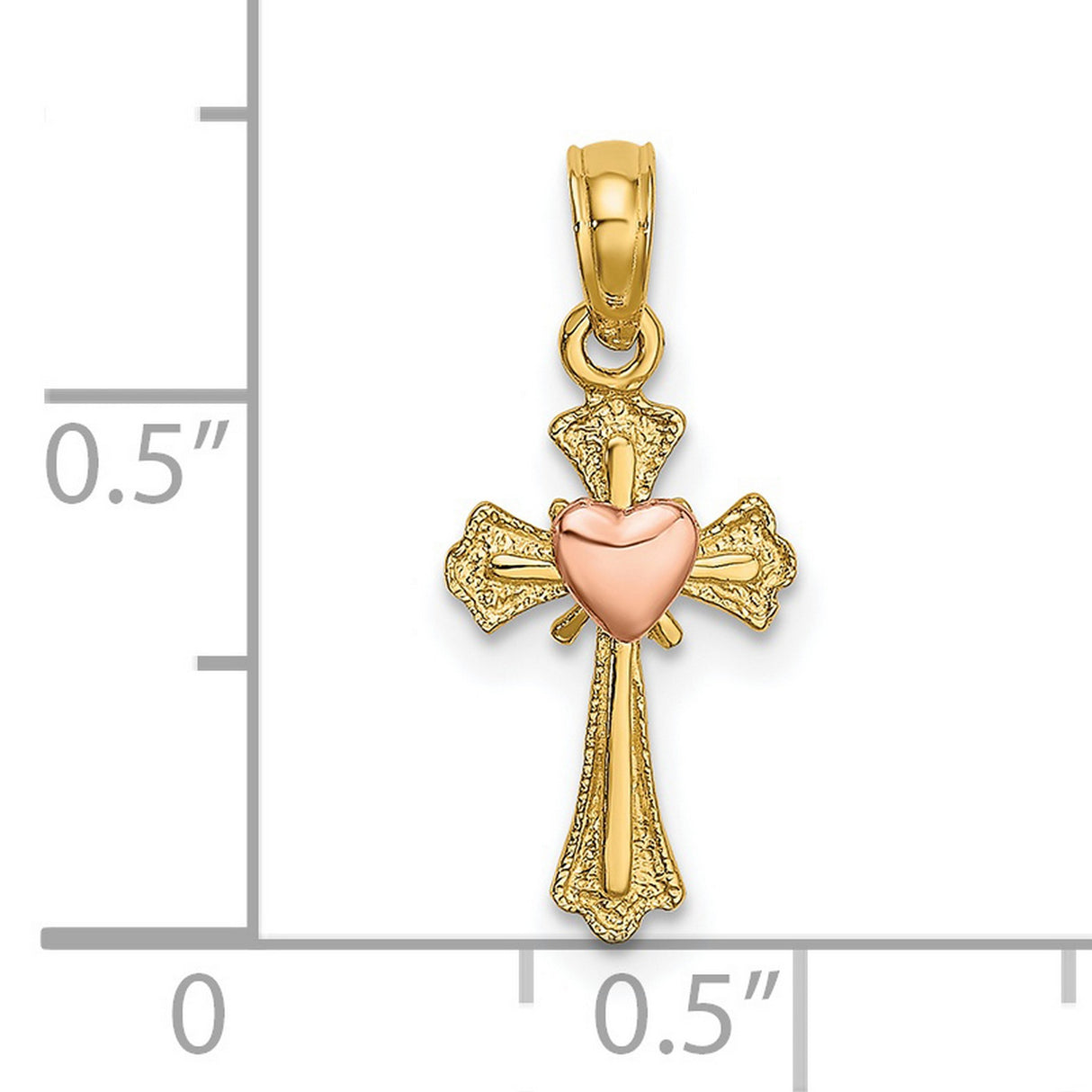 14k Yellow and Rose Gold Cross Pendant with Heart Center, Textured Two-Tone Religious Design