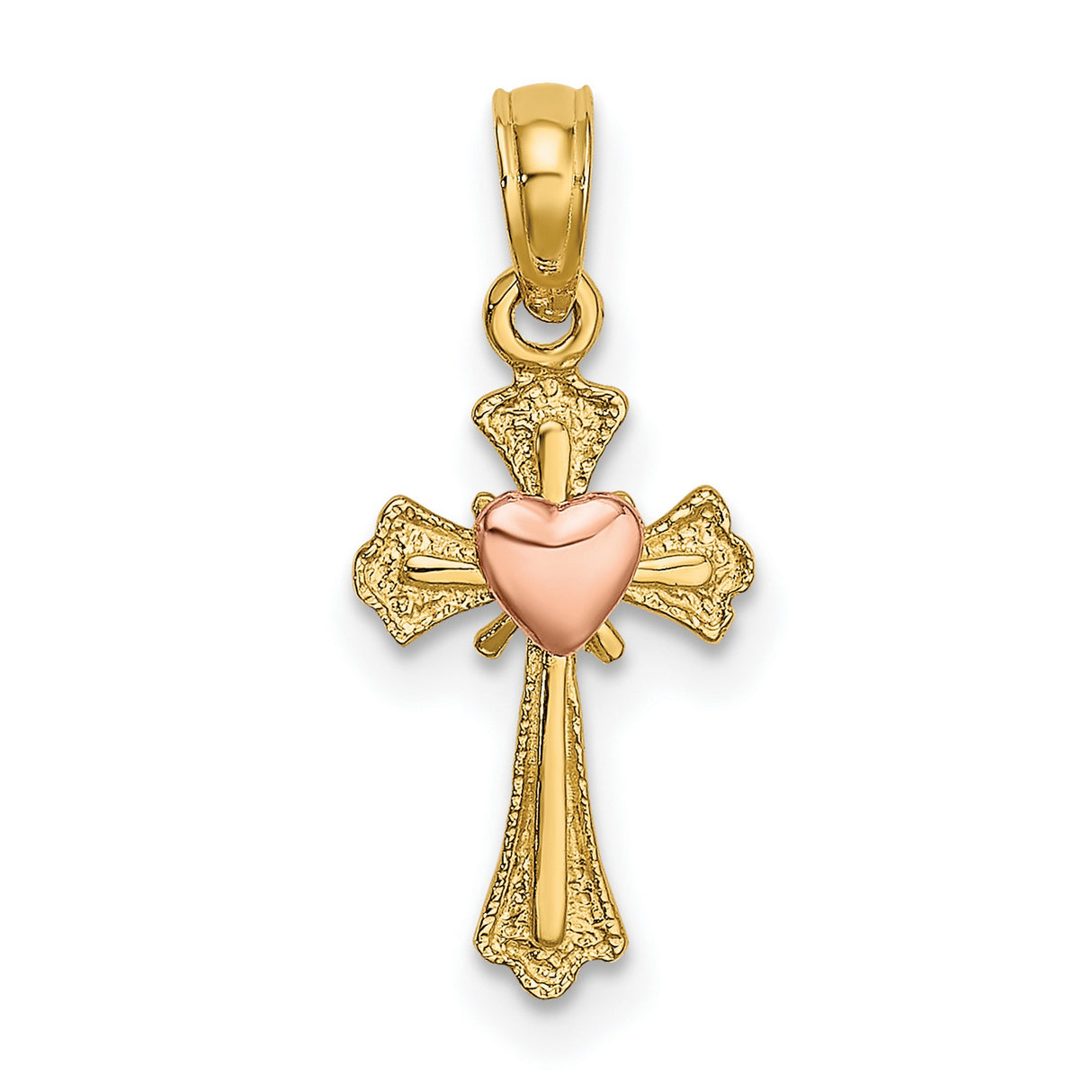 14k Yellow and Rose Gold Cross Pendant with Heart Center, Textured Two-Tone Religious Design