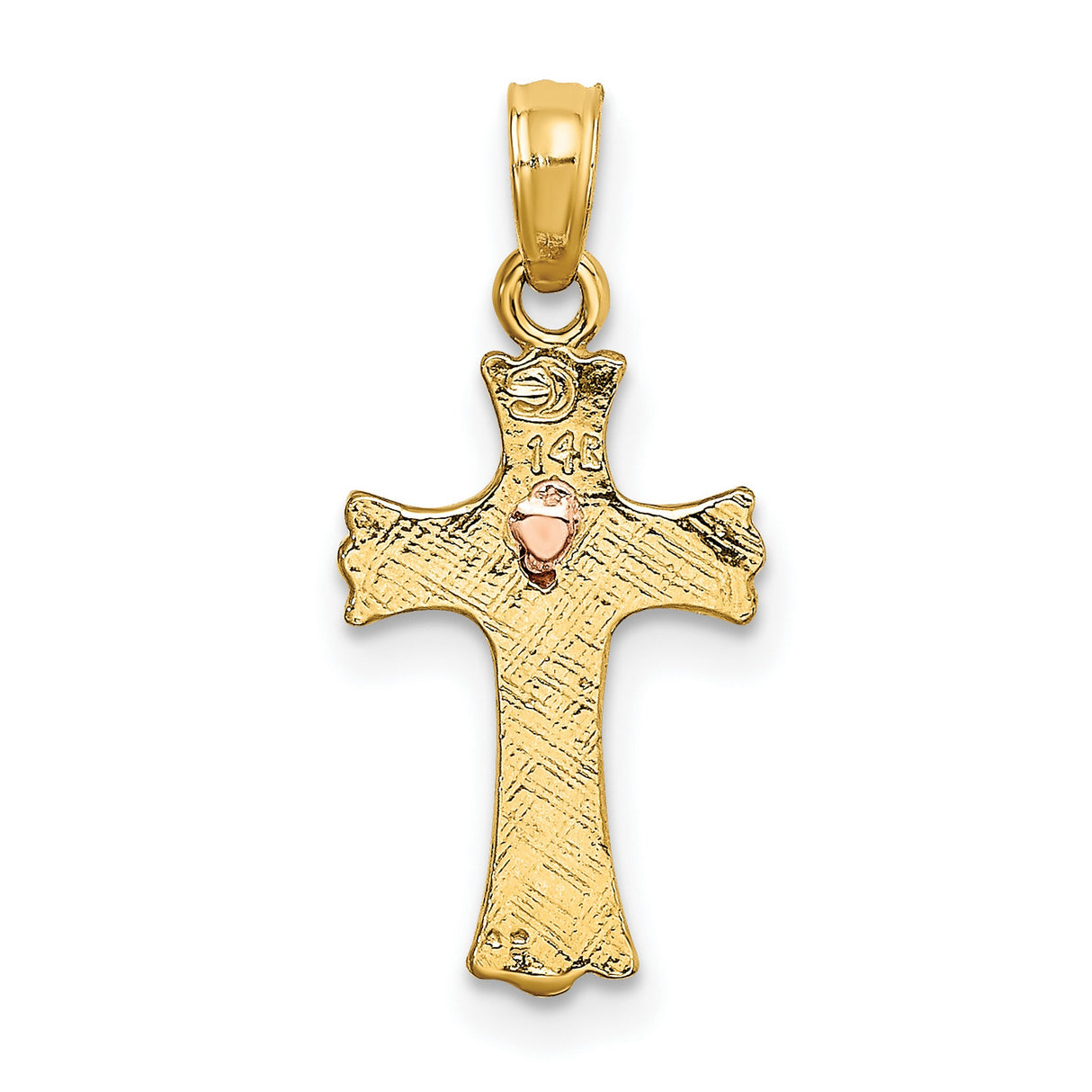 14k Two Tone Gold Cross Pendant with Textured Design and Curved Tips