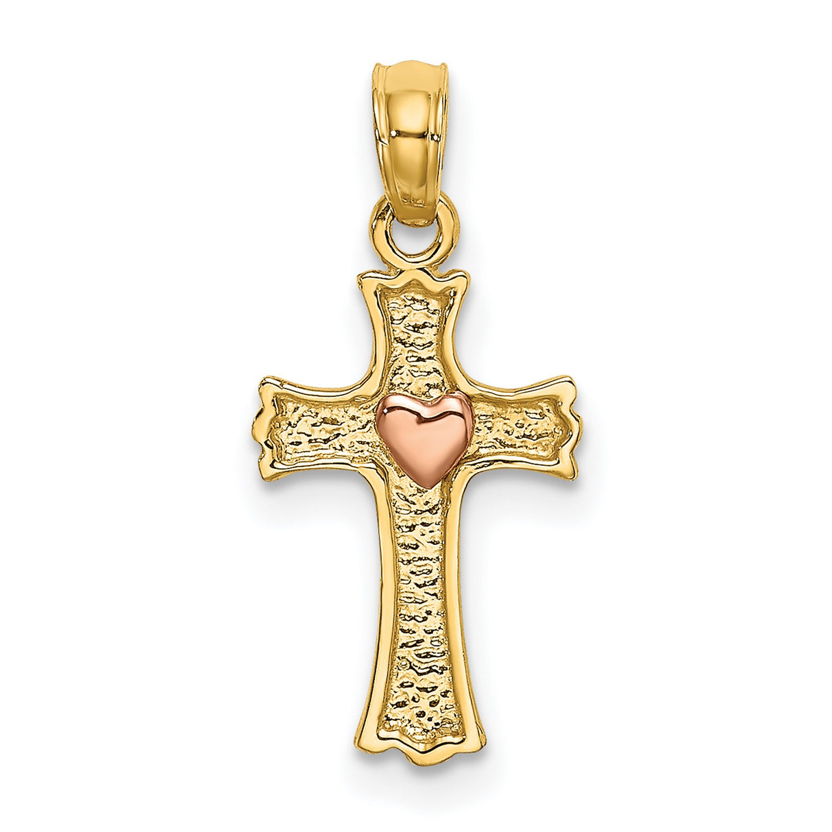 14k Two Tone Gold Cross Pendant with Textured Design and Curved Tips