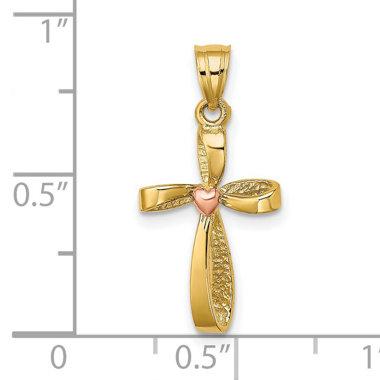 14k Two-Tone Gold Twisted Cross Pendant with Heart Detail, Polished Spiritual Jewelry