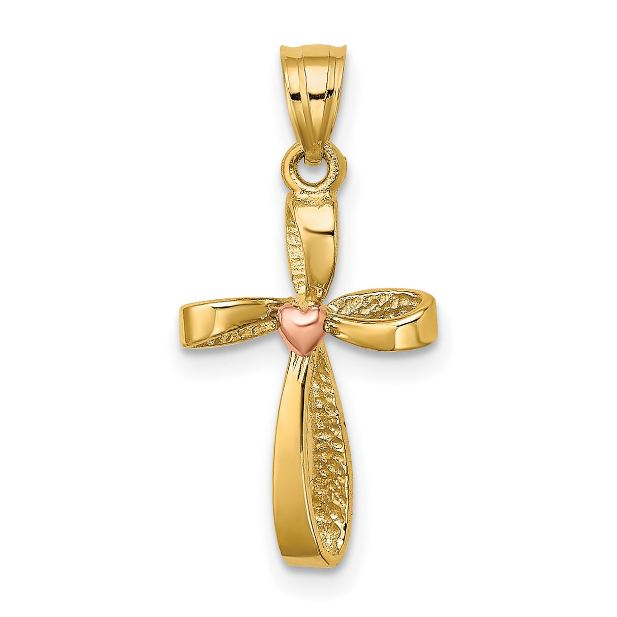 14k Two-Tone Gold Twisted Cross Pendant with Heart Detail, Polished Spiritual Jewelry