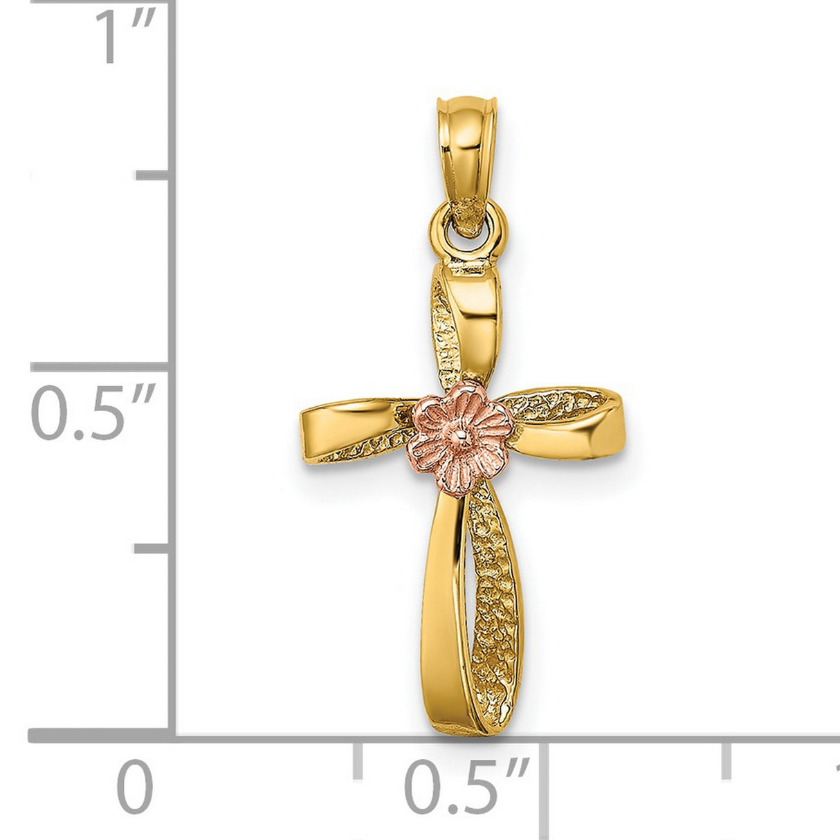 14k Multi-Tone Gold Twisted Heart Cross Pendant with Floral Center