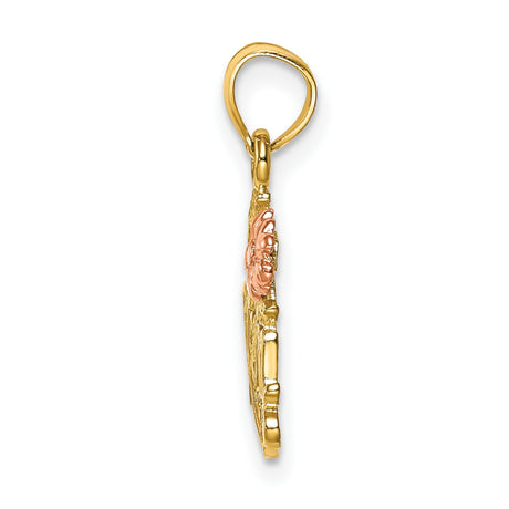 14k Two-Tone Gold Pendant with Rose Gold Flower and Heart Design, #1 Mom Charm