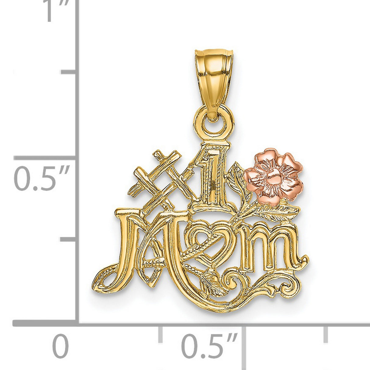 14k Two-Tone Gold Pendant with Rose Gold Flower and Heart Design, #1 Mom Charm