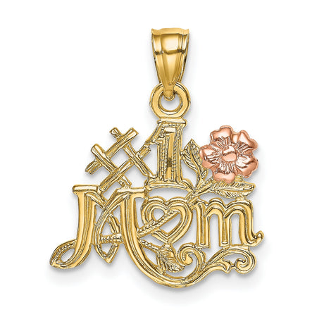 14k Two-Tone Gold Pendant with Rose Gold Flower and Heart Design, #1 Mom Charm