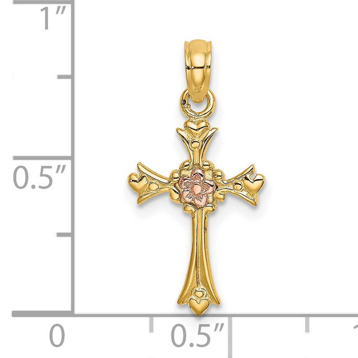 14k Two-Tone Gold Cross Pendant with Floral Heart Tips, Vintage Style Religious Charm