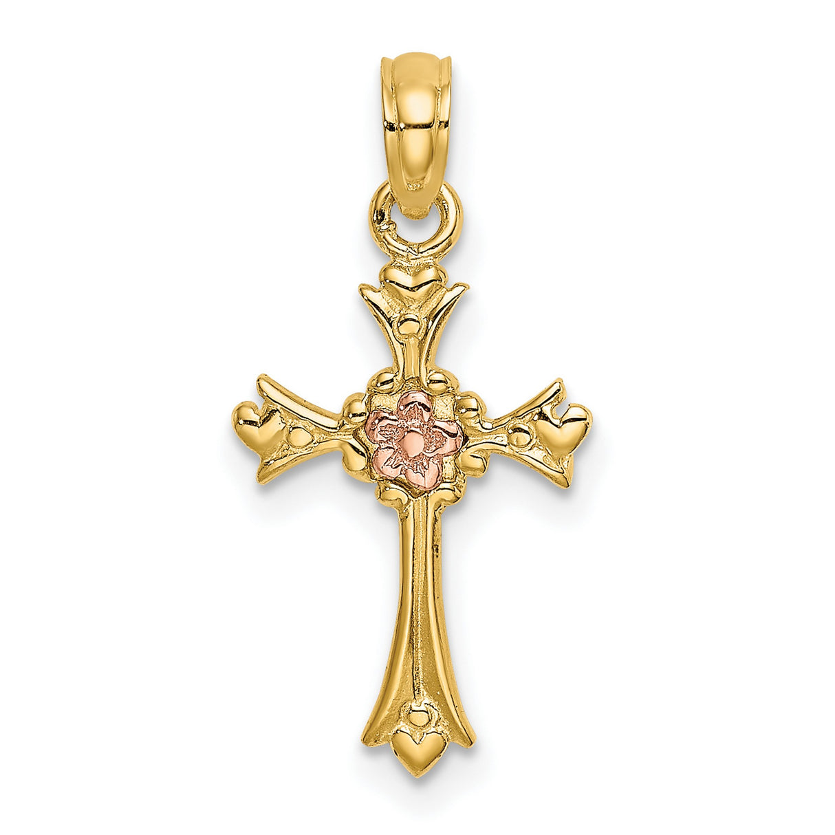 14k Two-Tone Gold Cross Pendant with Floral Heart Tips, Vintage Style Religious Charm