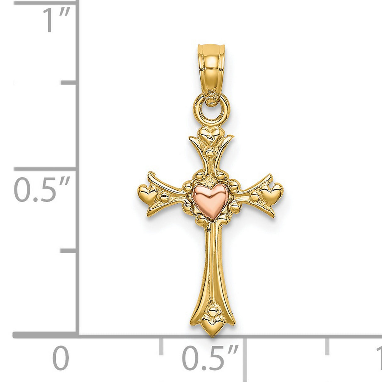 14k Yellow and Rose Gold Cross Pendant with Heart Accents and Vintage Two-Tone Design