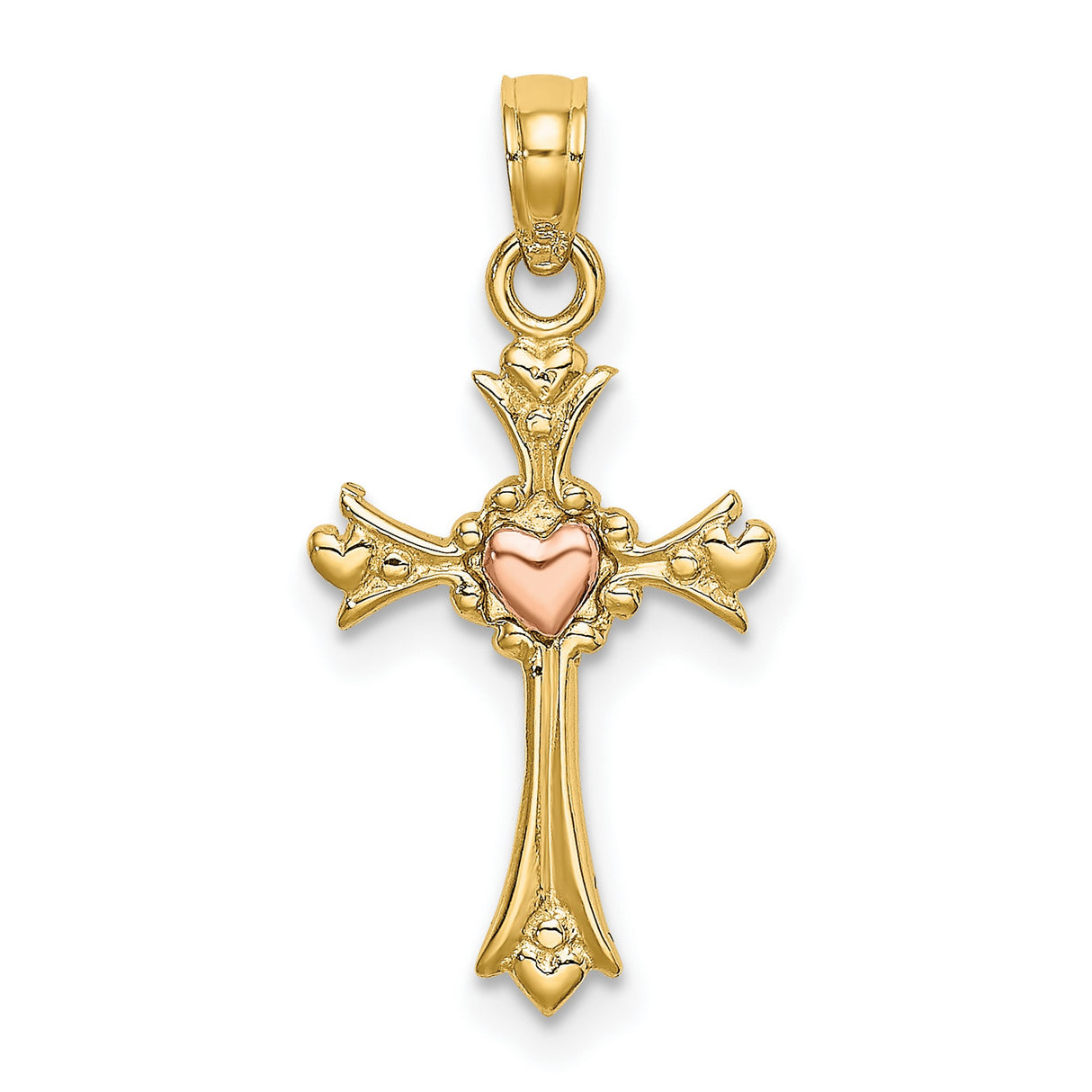 14k Yellow and Rose Gold Cross Pendant with Heart Accents and Vintage Two-Tone Design