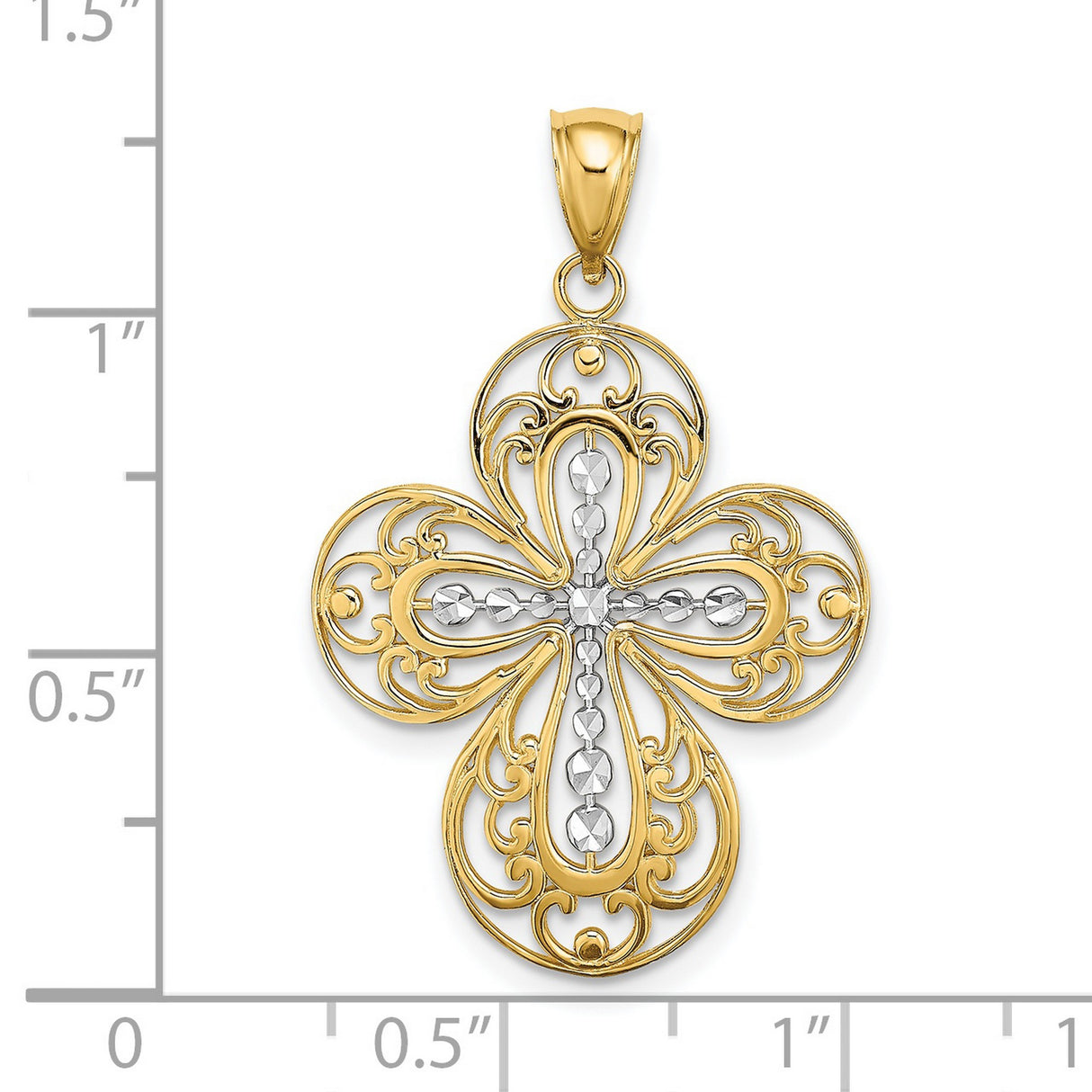 14k Two Tone Gold Filigree Cross Pendant, Baroque Scrollwork Religious Charm for Adults