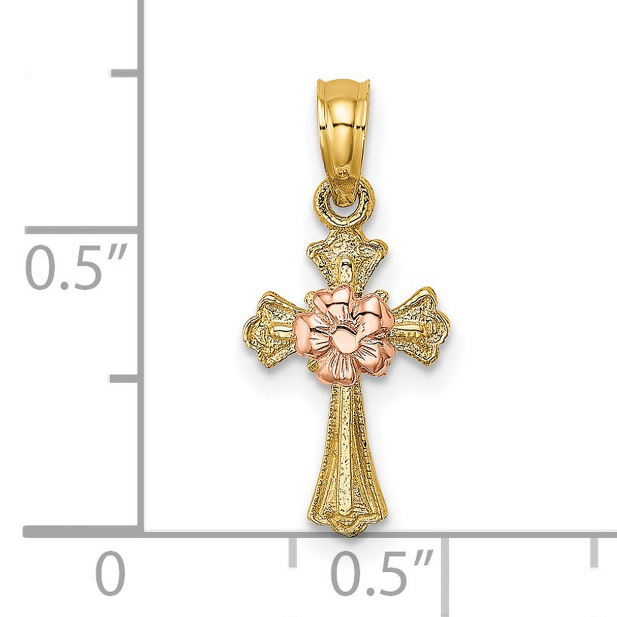 14k Two-Tone Gold Cross Pendant with Rose Gold Floral Center, Vintage Religious Charm