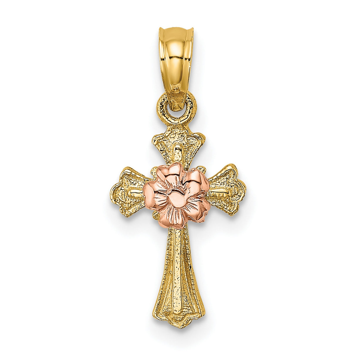 14k Two-Tone Gold Cross Pendant with Rose Gold Floral Center, Vintage Religious Charm