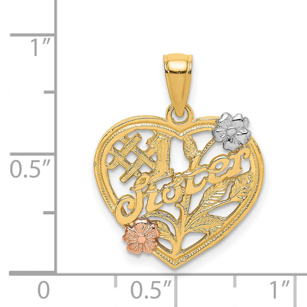 14k Two-Tone Gold Heart Pendant with Floral Accents and Number One Sister Symbol