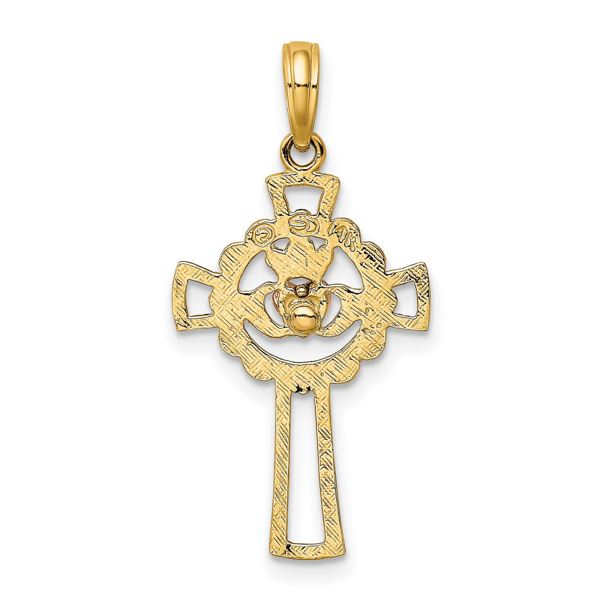 14k Two-Tone Gold Cross Pendant with Claddagh Heart Crown Hands Design