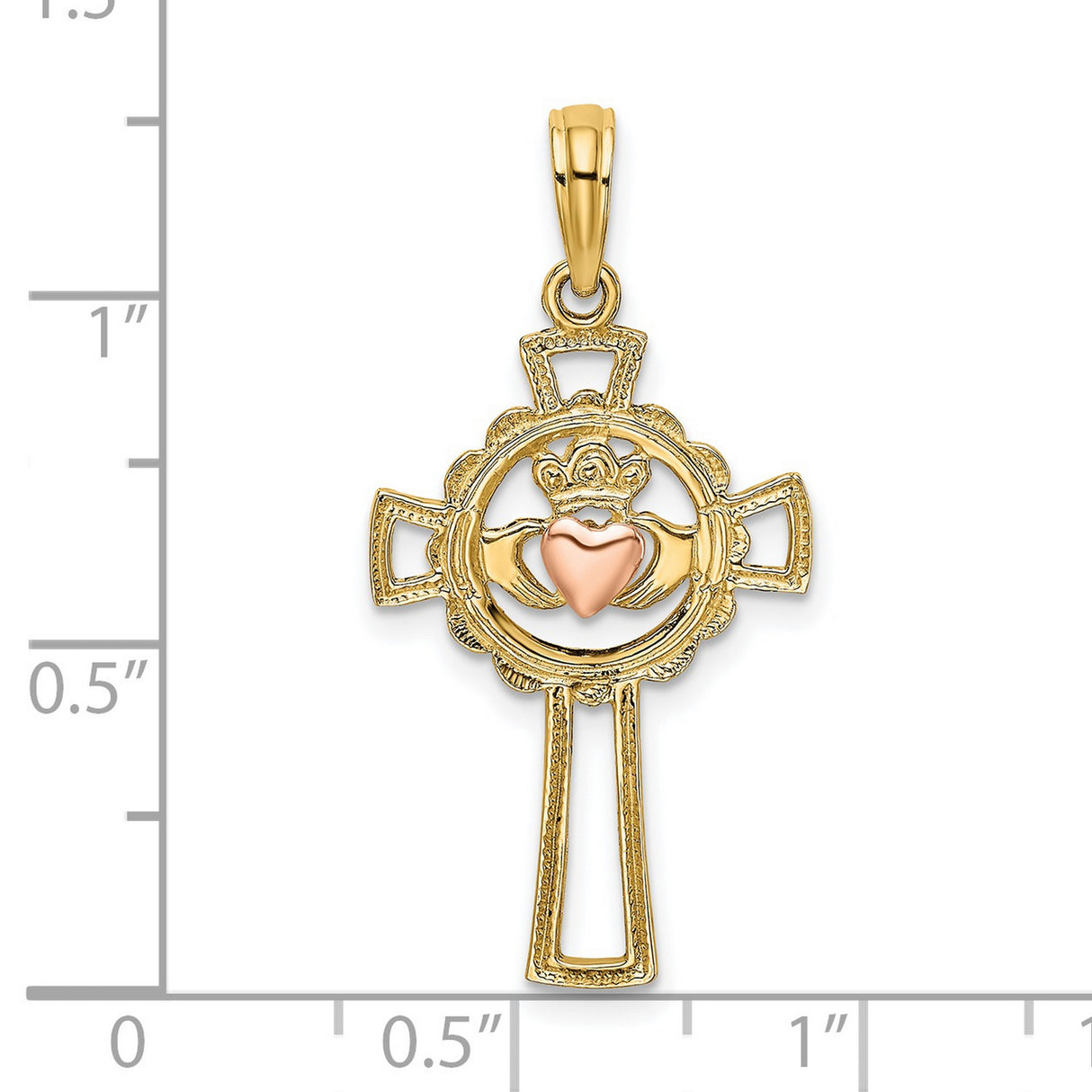14k Two-Tone Gold Cross Pendant with Claddagh Heart Crown Hands Design