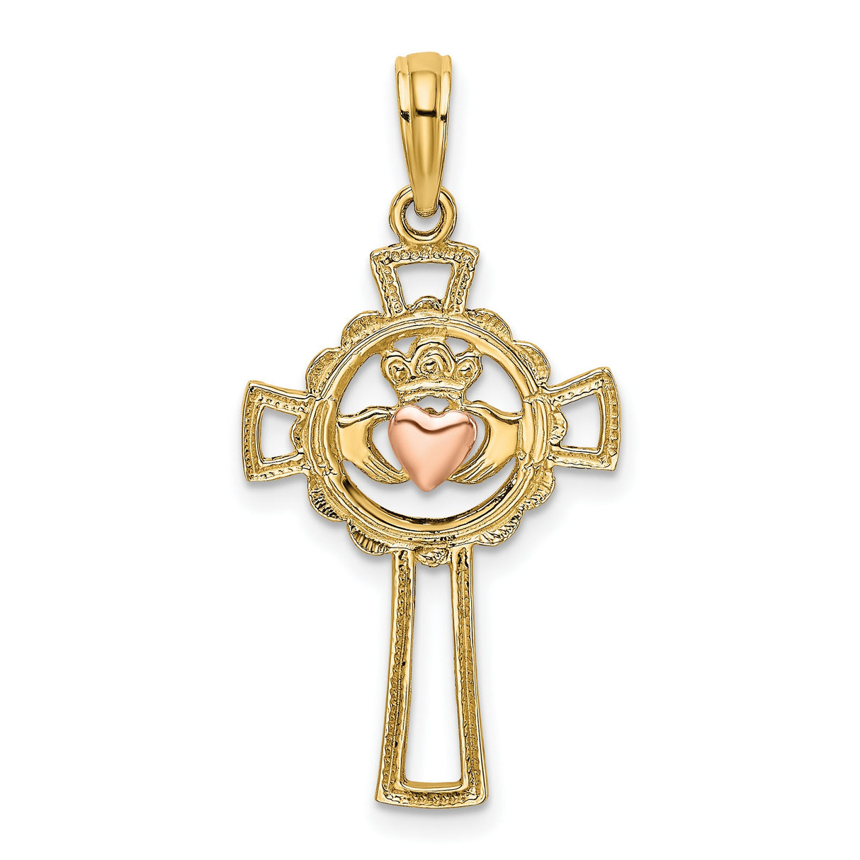 14k Two-Tone Gold Cross Pendant with Claddagh Heart Crown Hands Design